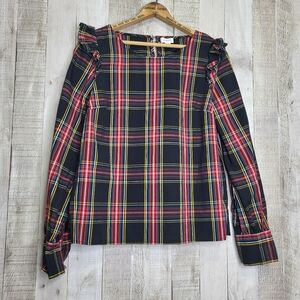 J.CREW Plaid Ruffle Shoulder Women's Top. Black & Red. Size Small
